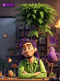 3D animated man with purple hair and cannabis plant