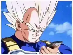 Vegeta looking at phone then smirking