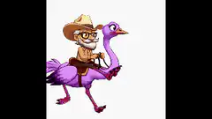 Pixel cowboy riding purple ostrich