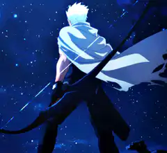 Archer aiming bow at night
