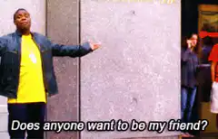 Man in yellow shirt asks if anyone wants to be his friend