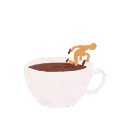 tiny person falling into coffee cup