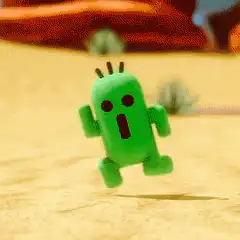 Green cactus character running in desert