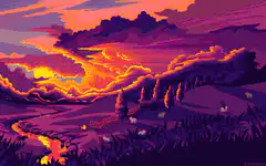 pixel art sunset landscape with geometric shapes