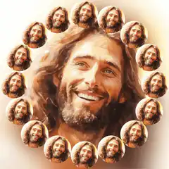 Smiling Jesus with halo of faces