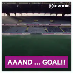 Empty stadium zooming to goal with AAAND GOAL text