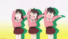 three anime girls stretching arms up