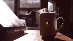 steaming mug with lightning bolt