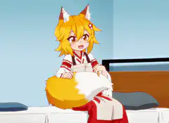 Anime fox girl writing on bed