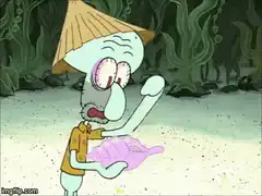 Squidward holds a conch shell that says no