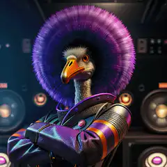 ostrich dj with purple afro
