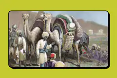 Camels and men in desert