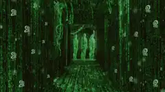 Matrix code hallway with three figures