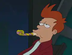 Fry blowing a party horn