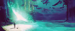 Person with staff in underwater ruins