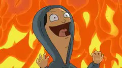 Linda Belcher in hoodie surrounded by fire