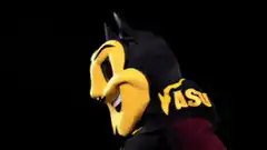 Viz the Yellow Jacket mascot turns to camera