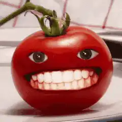 Tomato with human eyes and teeth winking