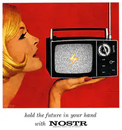 woman holding retro tv with lightning bolt