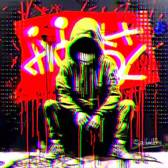 glitchy hooded figure with dripping paint
