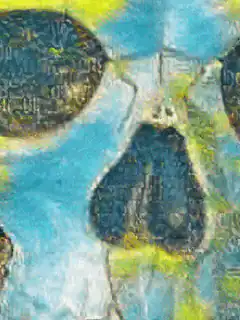 Abstract blue and yellow painting with dark shapes