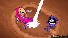 Starfire and Raven hit by a beam