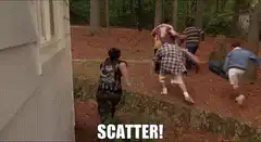 Kids scatter in the woods