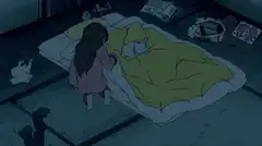 girl gets into bed with sleeping cat