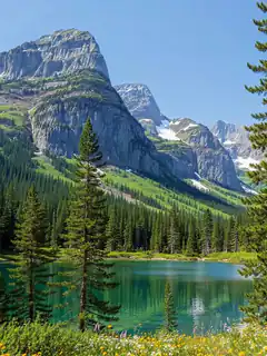 Mountain lake with pine trees