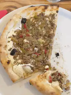 slice of pizza with meat and peppers