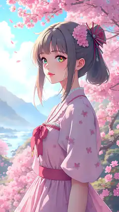 anime girl in pink kimono under cherry blossoms