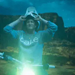 Man with bike headlight laser eyes