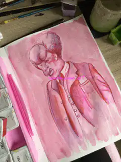 pink watercolor portrait of a man