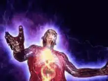 Man with glowing chest and eyes in background