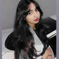 Girl with long black hair and red lipstick