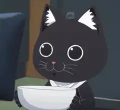 Black cat holding bowl yawns