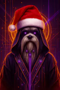 Cyberpunk Dog in Santa Hat