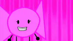 Pink cartoon character laughing and waving