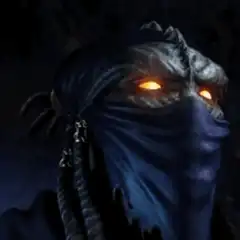 Glowing orange eyes of a masked alien
