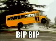 Yellow school bus flying with BIP BIP text
