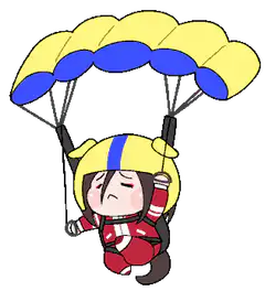 Chibi character parachuting with yellow and blue parachute