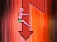 Bald man climbing down a red arrow