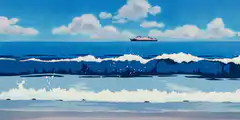 Anime ocean waves and ship