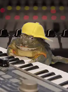 frog playing keyboard with yellow hat