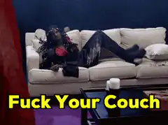 Woman on couch with text Fuck Your Couch