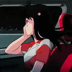 anime girl looking out car window at night