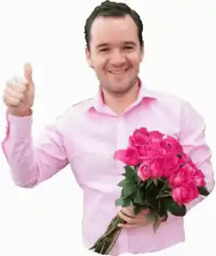 Man in pink shirt with roses giving thumbs up