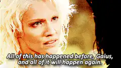 Lauren Cohan as Maggie saying 'All of this has happened before'