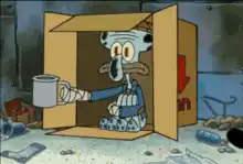 Squidward in a box with a mug