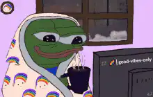Pepe drinking coffee in bed